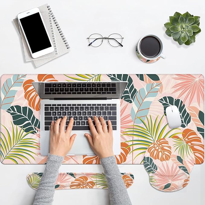 Britimes Bohemian Palm Leaf Keyboard Mouse Pad Set 4in1 Large Mousepad+Keyboard Wrist Rest+Mouse Wrist Rest+Coaster Set with Ergonomic Design for Home Office Computer 35.4x15.7 inches