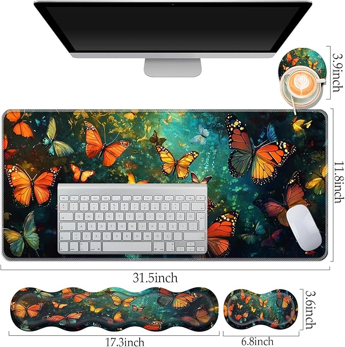 Keyboard Wrist Rest and Mouse Pad Set31.5x11.8 Inches Desk MatWaterproof Non-Slip Ergonomic Wrist Support for Pain ReliefExtended Desk Protector for Office Home GamingButterfly