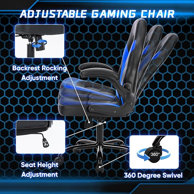 OLIXIS Computer Gaming Chair - PU Leather Ergonomic Lumbar Support with Flip-up Armrest and 360° Swivel Wheels Height Adjustable Task Home Office Desk Video Racing Blue