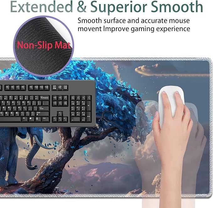 Large Gaming Mouse Pad + Keyboard Wrist Rest + Wrist Support + Coaster Set Memory Foam Ergonomic for Easy Typing XXL Extended Gaming Mouse Pad Table Pad - Blue Leaves and Elephants