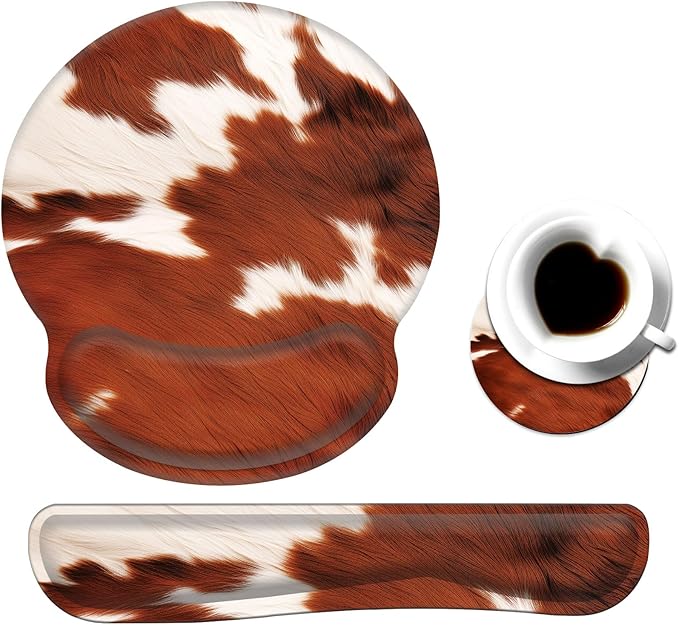Keyboard Wrist Rest and Mouse Pad Wrist Support Set with CoasterComfortable for Easy TypingPain ReliefMemory Foam Keyboard Pad Set for Laptop MacCowhide Farm Animal Skin Leopard Brown Cow