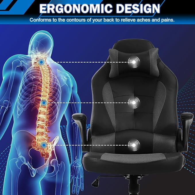 Gaming Chair Racing Chair with Lumbar Support - High Comfort PU Leather Ergonomic Office Desk &amp PC Gaming Chair for Adults Men Women - Flip-Up Arms &amp Headrest Grey