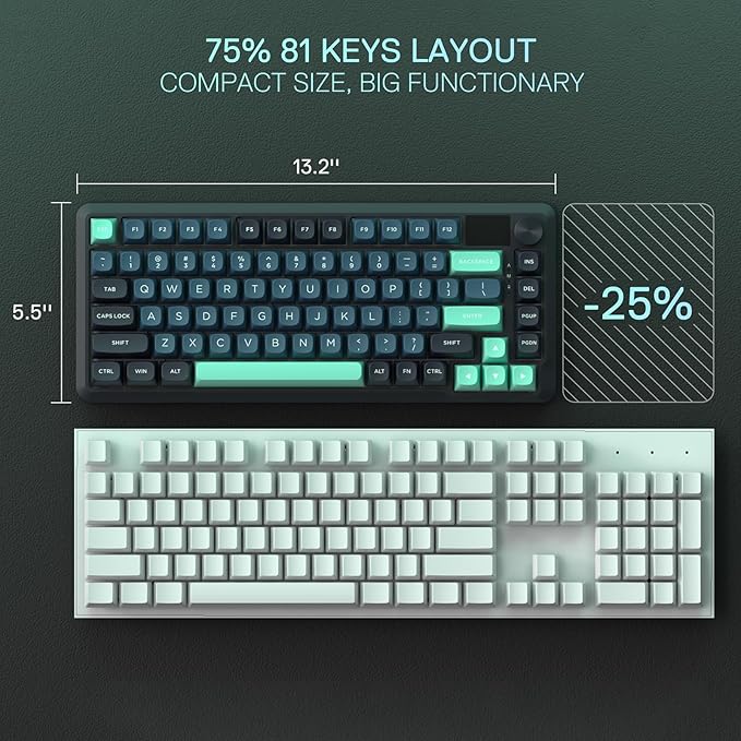 Redragon K724 PRO Wireless Gasket Gaming Keyboard w/Hype Screen &amp Knob 81-Key Mechanical Keyboard Easy-Control 1.14’’ TFT Info Display 5-Layer Noise Dampening Custom Linear Switch Dark Jade C
