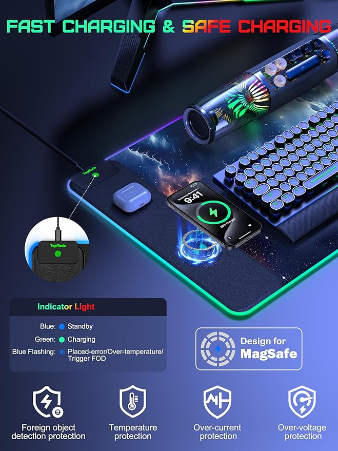 Wireless Charging Mouse Pad RGB Gaming Mousepad Home Office Desk Pad 31.5” x 15.8” XXL Large Desk Mat Waterproof Keyboard Pad Blue Nebula(Includes 20W PD Power Adapter &amp 6.56ft Woven Cable)