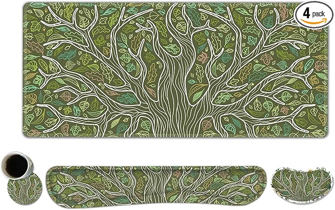 ToLuLu Desk Mat Gaming Mouse Pad Wrist Support 4 in1 Set XXL Large Mouse Pad + Keyboard Wrist Rest + Memory Foam Cushion Mouse Wrist Rest for Pain Relieve + Coaster Table Computer PC Green Leaves