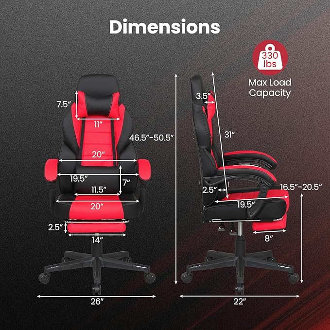 Giantex Gaming Chair Ergonomic Video Game Chair w/Footrest Lumbar Support Headrest Reclining Backrest &amp Linkage Armrests Height Adjustable 360° Swivel Computer Desk Chair for Home Office (Red