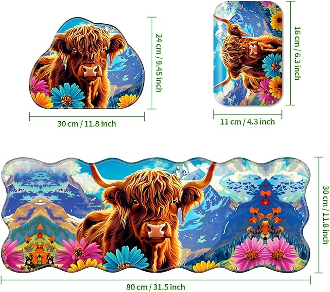 3-Piece Ergonomic Desk Mat &amp Cloud Wrist Rest Set Large 31.5 x 11.8 Wave Office Desk Pad with Memory Foam Support Non-Slip Computer Protector for Home Gaming Mountain Flower Cow