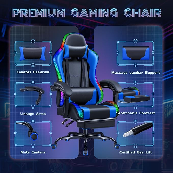 Furmax Gaming Chair with RGB LED Lights Video Game Chair with Footrest and Massage Lumbar Support High Back Reclining Computer Chair with Headrest Swivel Seat Gamer Chair (LED Blue)