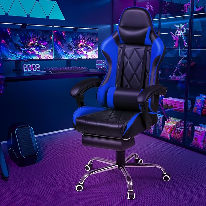 Shahoo Gaming Chair with Footrest and Massage Lumbar Support Computer Game Chairs Ergonomic Office Seat Height Adjustable with Headrest Blue