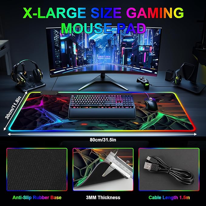 RGB Mouse Pad Gaming Mousepad Large Desk Pad with LED Light 13 Light Modes Touch Control Extended Soft Computer Keyboard Mat Pad with Non-Slip Rubber Base Desk Mat for Office &amp Home(31.5X11.8)