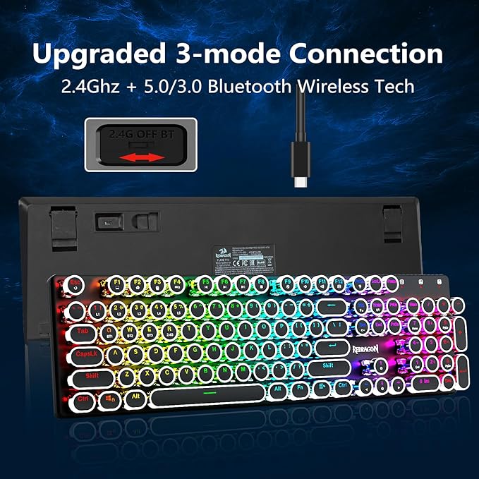 Redragon Typewriter Keyboard Wireless Mechanical Gaming Keyboard Bluetooth/2.4Ghz/Wired RGB LED Backlit Rechargeable Blue Switch - Clicky Solid Metal Panel Round Keycaps Black