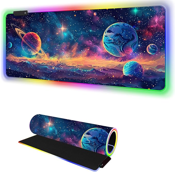 RGB Mousepad Led Mouse Pad Desk Mat I 31.5 x 11.8 Inch Large Mouse Pad I XL Oversized Big Mouse mat 14 Led Light Modes I Anti-Slip Rubber Base Waterproof Keyboard Pad for PC Gaming I Colorful Planet