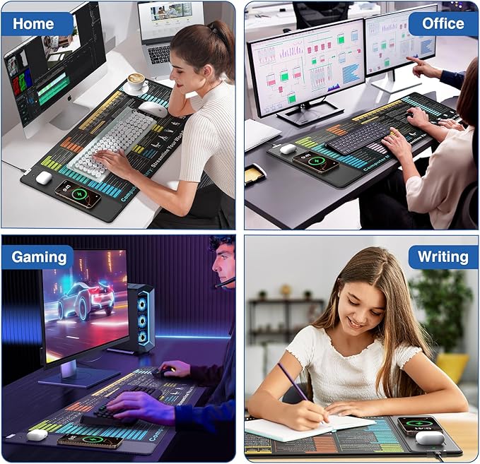 Wireless Charging Mouse Pad with Excel Formulas Shortcuts 31.5x15.8 Extra Large Office Spreadsheet Cheat Sheet Desk Mat Waterproof Ultra-Smooth Surface Non-Slip Base