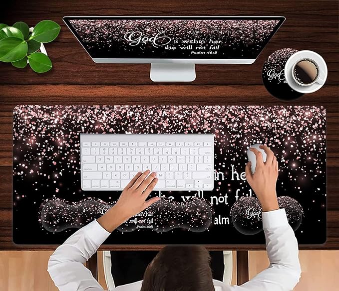 Large Mouse Pad with Wrist Support SetMemory Foam Keyboard Wrist Rest+Extended Gaming Mouse Pad+Ergonomic Mouse Wrist Rest Laptop Desk Writing Mat Psalm 46:5 Rose Gold Glitter Black Office Desk Pad