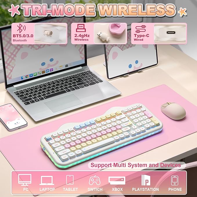 YUNZII C98 Wireless Mechanical Keyboard with Number Pad99 Key BT5.0/2.4G/USB-C Hot Swap Gasket Mount with PBT MOA KeycapsCustom RGBCute Cake Keyboard for Win/Mac (Beige Milk V2 Linear Switch)