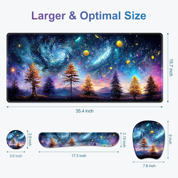 4 in 1 Large Mouse Pad Keyboard Wrist Rest Set Ergonomic Non-slip Waterproof Colorful World