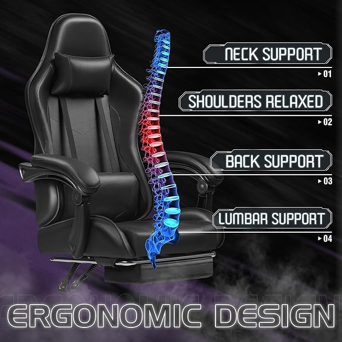 Homall Gaming Chair Video Game Chair with Footrest and Massage Lumbar Support Ergonomic Computer Chair Height Adjustable with Swivel Seat and Headrest (Dark Black)