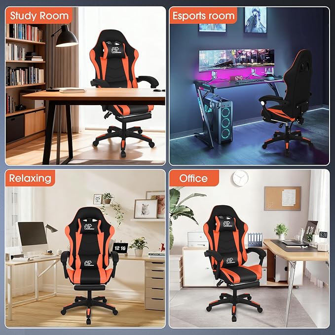 Gaming Chair Office Chair Reclining High-Back PU Leather Computer Desk Chair with Headrest and Lumbar Support suitable for gaming chairs office storage office shelving and more（Orange）