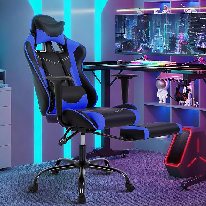 Gaming Chair for Adults - 250lbs Capacity Video Game Chair with Footrest &amp Lumbar Support Ergonomic 360° Swivel Height Adjustable Office Gamer Chair Heavy-Duty PU Leather (Blue)