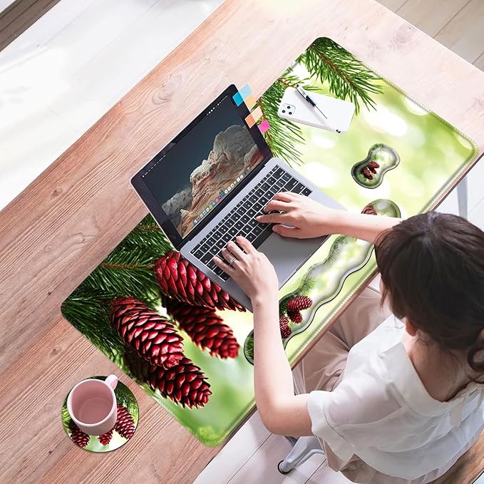 Mouse PadLarge Desk Mat Set 4in1 XL Mousepad + Keyboard Wrist Rest+Mouse Wrist Rest+Coaster with Ergonomic Desk Pad for Home Office Table Computer Cover -Pine Cones on Green Branches