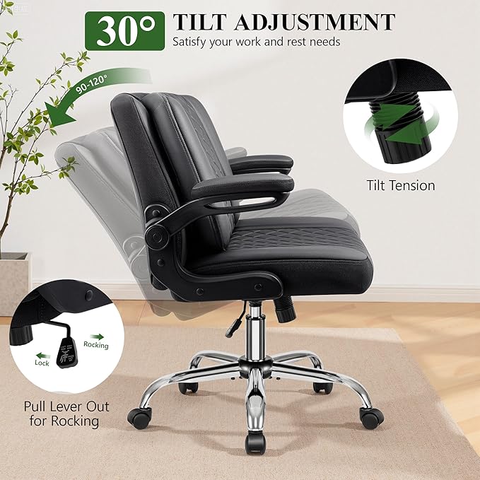 Criss Cross Office Chair with 2-in-1 Flip Backrest – Ergonomic PU Leather Floor Sitting Chair Adjustable Height 360° Swivel &amp Flip-Up Arms Extra-Wide Seat for Home Office Vanity Nail Salon-Bl