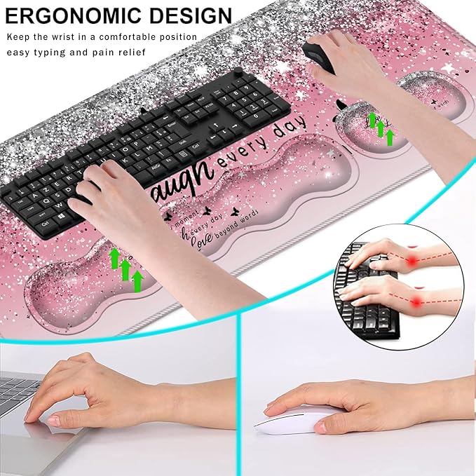 Keyboard Wrist Rest and Mouse Pad with Wrist Support Set Ergonomic CoasterMemory FoamEasy Typing Pain ReliefLarge XL Desk Mat 31.5x 11.8Pink Glitter Quote Live Love Laugh