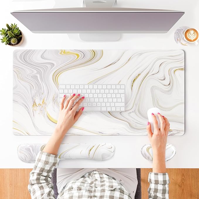 QiyI Leather Desk Mat Set 4-in-1 Large Mouse Pad with Wrist Rest Non-Slip Desk Pad + Keyboard Wrist Rest + Mouse Wrist Support + Coaster Office Desk Accessories Home Decor Supplies White Marble