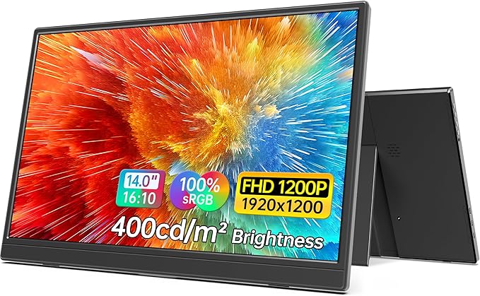 MNN Portable Monitor 14 inch FHD 1920 * 1200P USB C HDMI Ultra-Slim IPS Travel Display w/Speakers HDR Plug&ampPlay External Monitor for Laptop PC PhoneMac(400cd/m² Brightness)