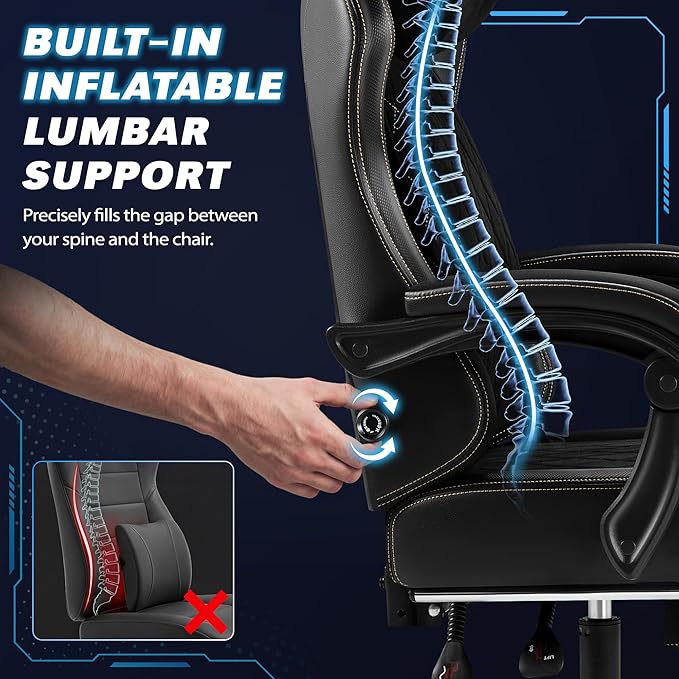 Shahoo Fabric Gaming Chair with Adjustable Lumbar Support Big and Tall Ergonomic Computer Chair with Footrest and Linkage Armrests Height Adjustable Video Gamer Chair for Adults Black