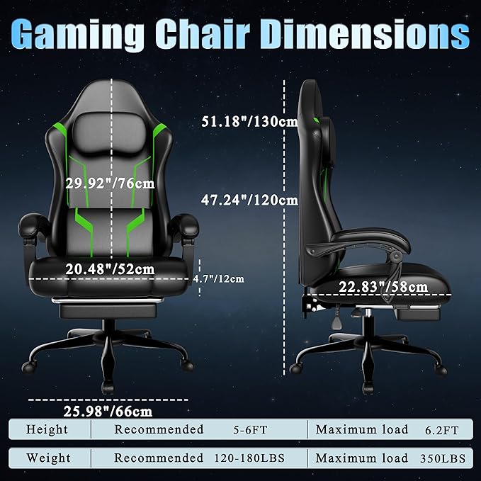 Ergonomic Gaming Chair Video Game Chair with Pocket Spring Cushion and Footrest Height Adjustable Computer Chair with Swivel Seat and Headrest (Green)