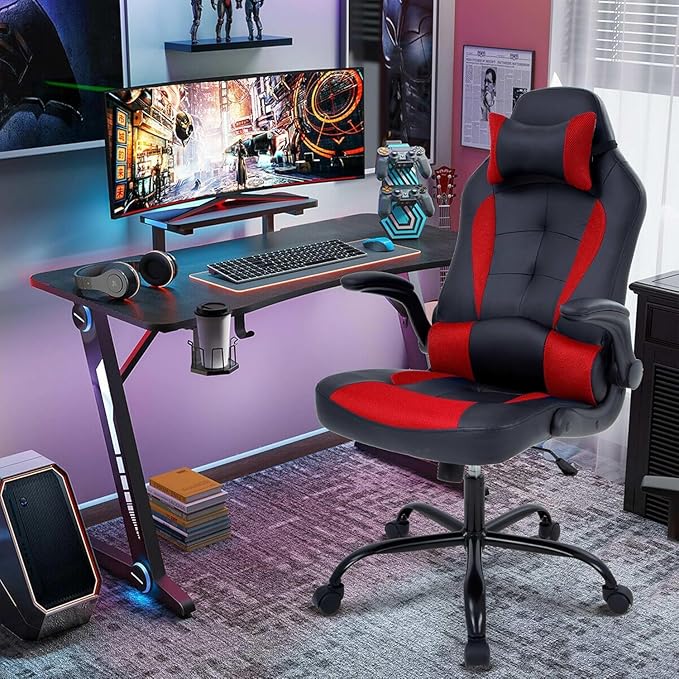 Video Gaming ChairErgonomic Computer Office Desk Chair with Lumbar Support Flip Up Arms Adjustable Height Swivel PU Leather Executive with Wheels for Kids Adults Women Men Gaming Home Office(Red)