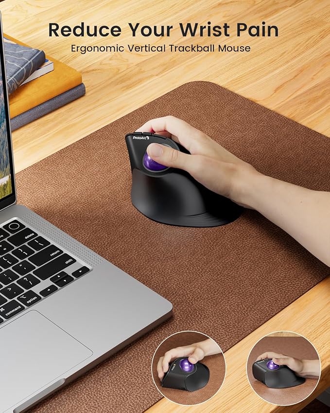ProtoArc Vertical Wireless Trackball Mouse EM05 NL Bluetooth Ergonomic Rollerball Mouse Rechargeable Computer Laptop Thumb Mice 3 Device Connection Compatible with iPad Mac Windows PC-Purple