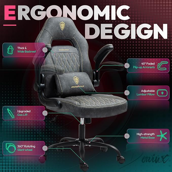 Dowinx 6661 Gaming Chair Grey Gaming Chair Breathable PU Leather Gamer Chair with Pocket Spring Cushion Ergonomic Computer Chair with Massage Lumbar SupportAdjustable Swivel Task Chair Grey