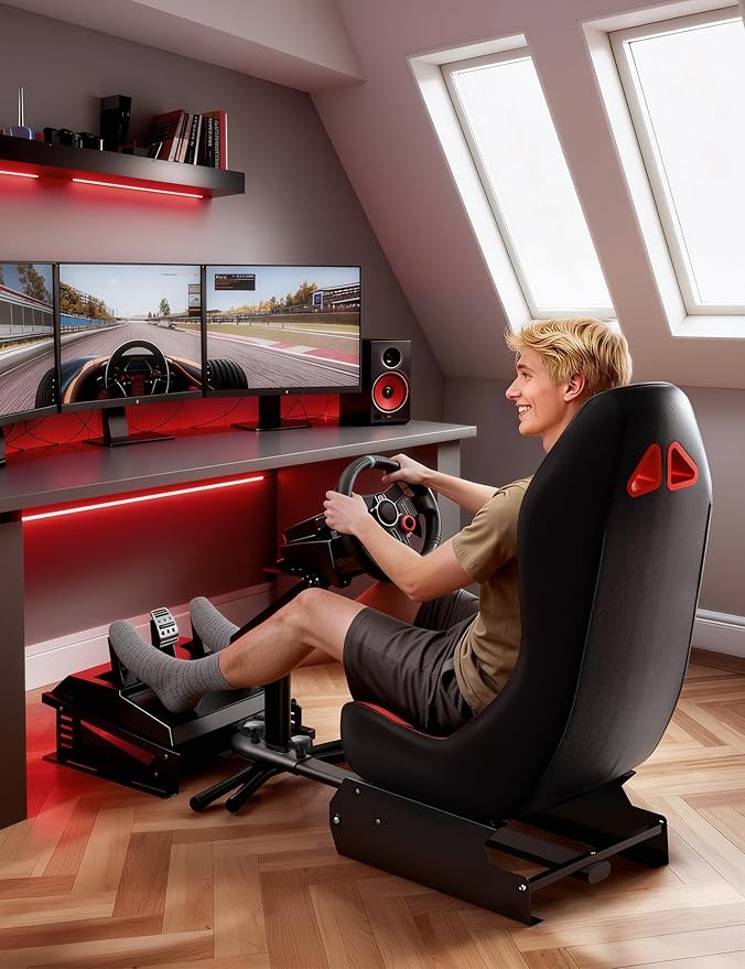 Foldable Racing Simulator Cockpit with Leather Seat Built for Stable Braking &amp Immersive Home Racing Compatible with Logitech Thrustmaster Fanatec MOZA