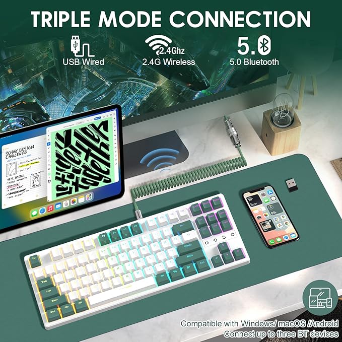 ATTACK SHARK K87 Gaming Keyboard Wireless TKL Mechanical Keyboard2.4G/BT 5.0/Wired Coiled Keyboard CableHot Swappable Tactile SwitchChroma RGB3000 mAh Rechargeable Battery for Windows Mac