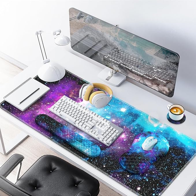 Desk Mat with Wrist Support Desk Pad for Keyboard and Mouse Purple Desk Mat Keyboard Pad and Mouse Pad Combo Carpal Tunnel Mousepad Gaming for Office Galaxy Space Purple Nebula