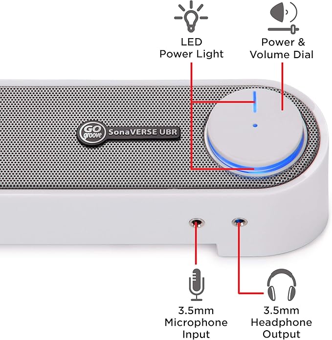 GOgroove Computer Speaker Mini Soundbar - USB Powered PC Sound Bar with Easy Setup Wired AUX Stereo Audio Microphone Port Volume Control Knob Under Monitor Design for Desktop (White)