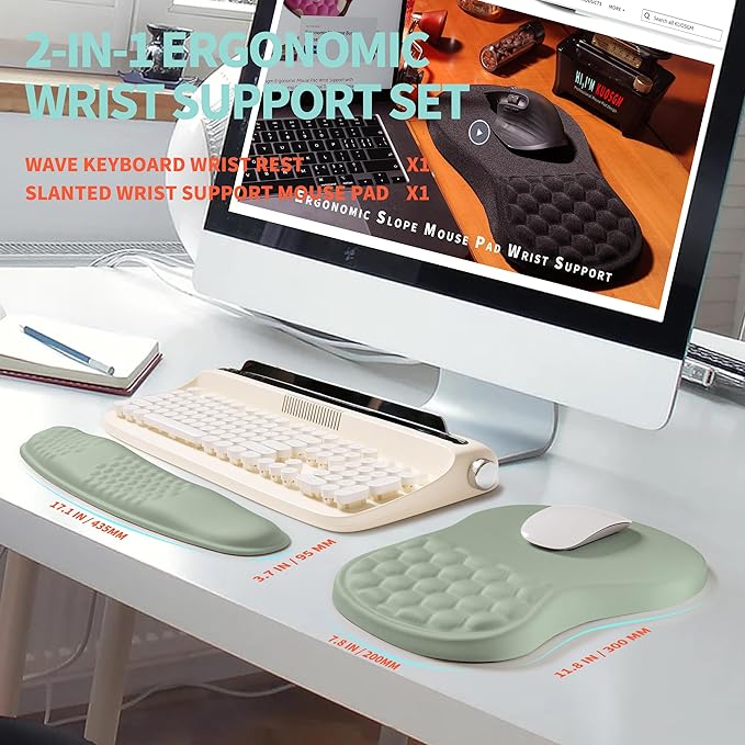 2-in-1 Ergonomic Set Wave Rise Keyboard Wrist Rest and Massage Bulge Slope Mouse Pad Wrist Support Cushion Memory Foam Integrated to Relieve Wrist Pain Light Green