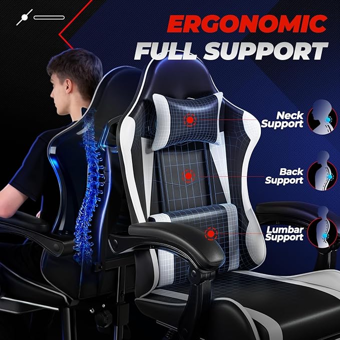 Auto Dynasty Ergonomic Gaming Chair High-Back Office Chair w/Adjustable Lumbar Support Linkage Armrest Headrest &amp Footrest 350LBS Recliner Swivel Computer Game Racing Chair White/Black
