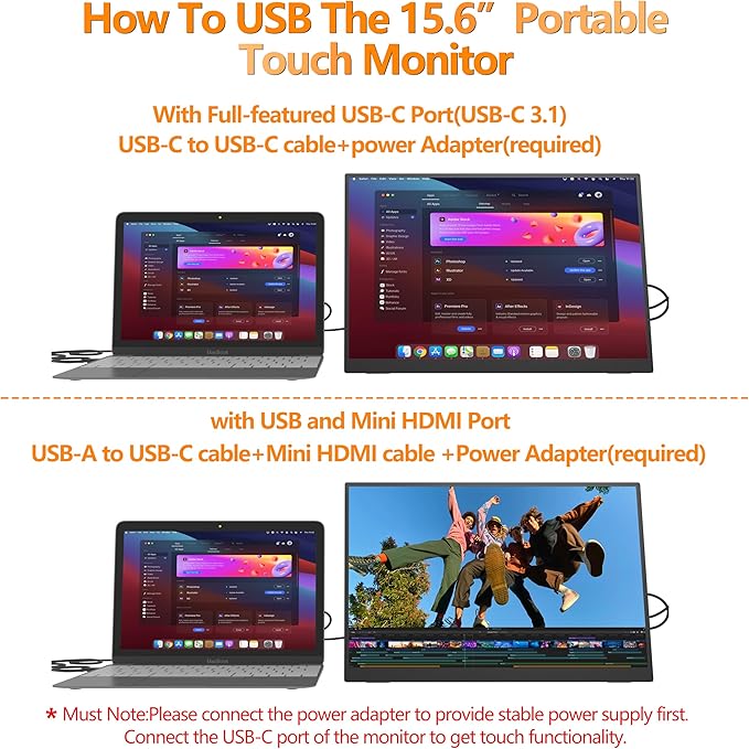 Portable Touchscreen Monitor 15.6” 1080P HDR IPS Touch ScreenHDMI USB C Travel Monitor with Stand &amp SpeakerExternal Monitor for Laptop Mac PC Phone PS4/5 Xbox Switch
