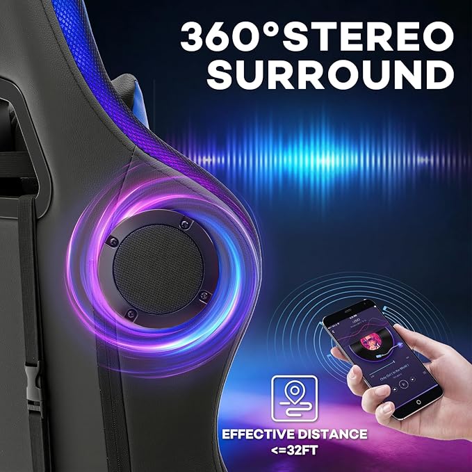 HOFFREE RGB Gaming Chair with Rhythm LED Lights and Speakers Massage Computer Chair with Footrest Music Video Game Chair High Back with Lumbar Support Blue