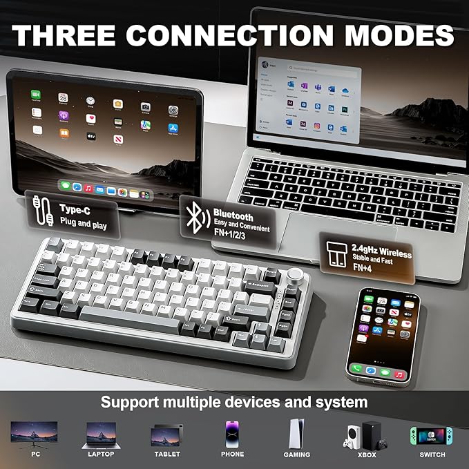 YUNZII B75 PRO Wireless Mechanical Keyboard75% Layout with KnobHot Swap Gasket Custom StructureCreamy Pre-lubed SwitchesRGB BacklitBluetooth/Type-C/2.4G for Win/Mac(Cocoa Cream V2 SwitchGrey)