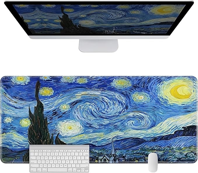 Large Mouse PadExtra Long and Thick Desktop Mouse Pad with Stitched EdgesNon-Slip BaseWaterproof Keyboard Pad for GamersOffice and HomeVan Gogh - Starry Night(35.4x15.7x0.12 Inch90x40cm)