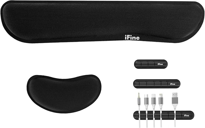 iFine Upgrade Enlarged Smooth Fabric Memory Foam Keyboard Mouse Wrist Rest Pad Cushion Support for Computer Laptop Mac Office or Home for Pain Stress-Free Typing - Black with Free 3 Cable Organizers