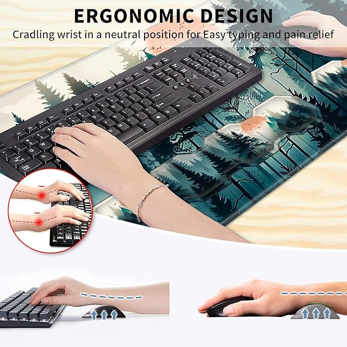 Keyboard Wrist Rest &amp Desk Mat 35.4 x 15.7 inch &amp Mouse Wrist Rest &amp Coasters 4 Pcs Gaming Mouse Pad with Wrist Rest Set with Memory Foam Ergonomic Easy Typing Pain Relief - Forest Tree