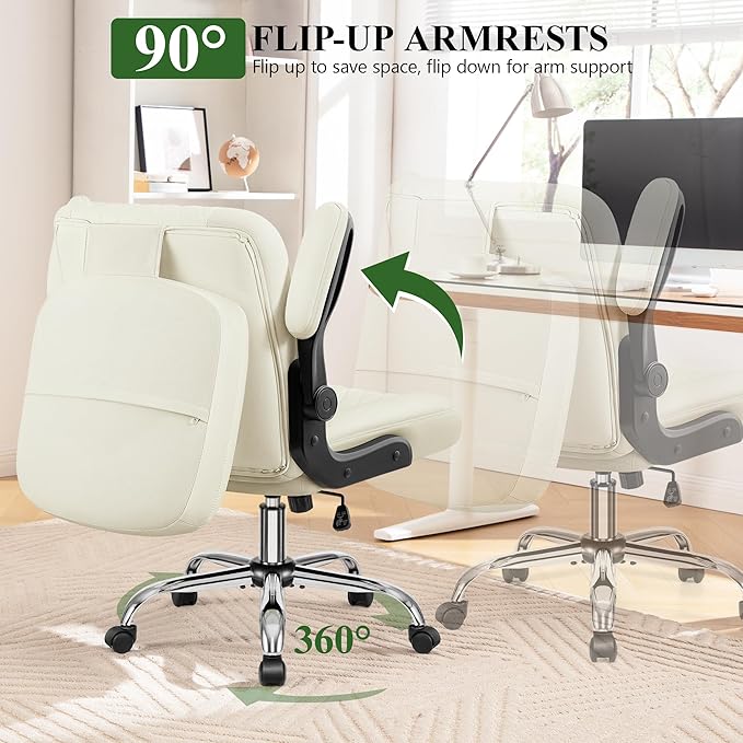 Criss Cross Office Chair with 2-in-1 Flip Backrest – Ergonomic PU Leather Floor Sitting Chair Adjustable Height 360° Swivel &amp Flip-Up Arms Extra-Wide Seat for Home Office Vanity Nail Salon-Wh