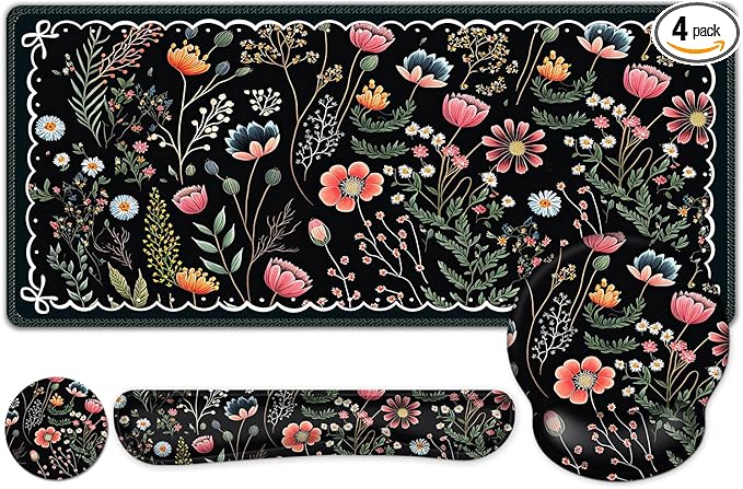 Flower Desk Mat 4in1 Large Mouse Pad with Wrist Rest Desk Matt for Desktop Desk Pad Mat Anti-Slip XXL Computer Ergonomic Mousepad with Wrist Support for Keyboard and Mouse I Black Florals Weeds