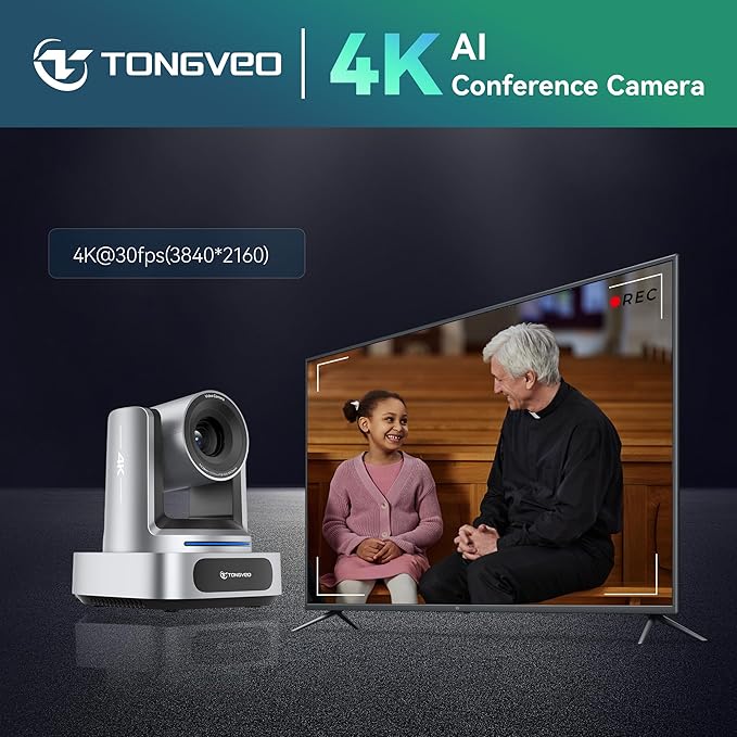 TONGVEO 4K AI PTZ Camera with 10X Optical Zoom &amp Bluetooth Conference Speakerphone Auto Tracking Video Conferencing System with 360° Voice Pickup HDMI USB Webcam for Church Zoom Teams