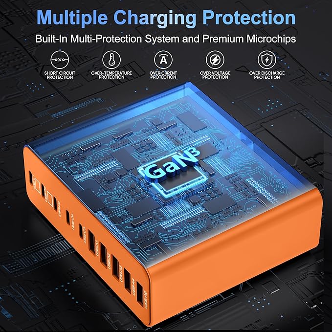 420W USB C Charger Block10-Port Charging Station GaN Fast Charging Type C &amp USB A Wall Charger Adapter for MacBook Pro/AiriPhoneiPadDell XPSSamsung Galaxy(Orange)