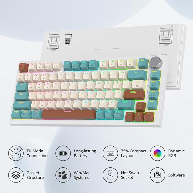 75% Wireless Creamy Mechanical Keyboard Hot Swappable Custom Keyboard RGB Backlit Gasket Gaming Keyboard 2.4G/BT5.0/USB-C Mechanical Gaming Keyboard Pre-lubed Linear Gray Cream Switches